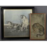 A painting on silk of a pair of tigers, painted in monotones, against a blue sky, 52 by 53cm, framed