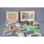 A group of vintage postcards, cigarette cards, shop reciepts, boxing programme, car manual, framed