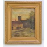 Late 19th century oil on canvas depicting a town scene depicting two figures to the fore, 21.5cm