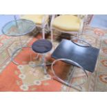 An Art Deco coffee table with a chrome base together with a stool and a modern glass top and