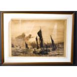 An original engraved etching by Wyllie, 19th century, depicting boats on the sea.