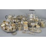 A large quantity of silver plated items to include teapot, trays, fish knife and fork, kettle