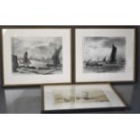 Two black and white prints, depicting boats at sea, and a colour print.