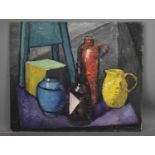 Matti Williams (20th century): Abstract still life with jugs, oil on board, 62 by 51cm.