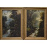 T. Wood 19th/ 20th century: a pair of woodland landscape paintings, each with a river running