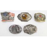 Five vintage American belt buckles to include two Harley Davidson examples one stamped 1991 Baron