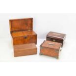 A 19th century tea caddy of rectangular form together with an amboyna wood cigar box and two further