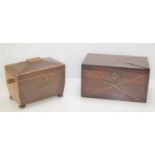 A mahogany wooden box with inlaid brass cross decoration together with a burr walnut tea caddy.