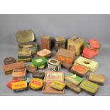 A group of vintage tins, various different types.