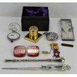 A group of collectable items to include two Langton pocket watches, Capel brassware paperweight,
