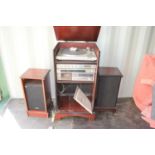 A vintage Sony hi-fi system with record player and two speakers.