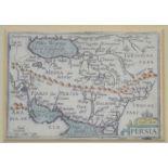 A 17th century hand tinted miniature map of Persia, 12cm by 9cm.