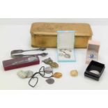 A group of collectable items to include a pewter spoon, silver dress ring, two silver pendants and