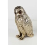 A silvered metalware sifter in the form of an owl, inset with glass eyes.