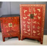 Two Chinese red lacquered cabinets, one decorated with gilded butterflies and flowers, the larger