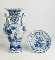 A 19th century Delft twin handled blue and white vase, together with a blue and white Chinese dish