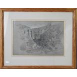 A pencil and chalk landscape, initialled G.U lower right, 26cm by 40cm