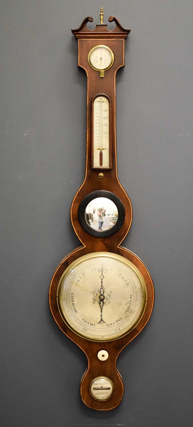 A late 19th century mahogany cased wheel barometer with boxwood stringing, 96cms tall