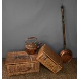 Two wicker picnic baskets, one by Fortnum & Mason, together with a Victorian brass kettle and