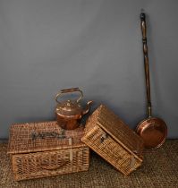 Two wicker picnic baskets, one by Fortnum & Mason, together with a Victorian brass kettle and