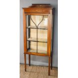 An Edwardian mahogany display cabinet with glazed single door and sides, decorated with boxwood