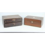 A mahogany sewing box with mother of pearl decoration to lid together with a small box with two