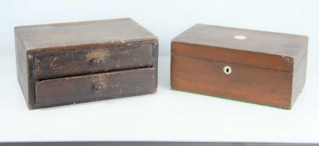 A mahogany sewing box with mother of pearl decoration to lid together with a small box with two