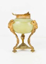 A 19th century French ormolu and onyx urn (lacking cover), the ovoid onyx body applied with gilt
