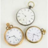 A group of three pocket watches comprising a Jaquet Droz and a gold filled example.