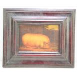 An oliograph, English naive school portrait of a pig in a sty, oil on board.