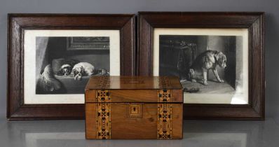 A pair of 19th century dog prints, together with a 19th century parquetry inlaid work box.