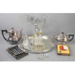 A group of silver plate and other items to include a large gallery tray, tea pot, candelabra,