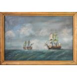 A 19th century oil on canvas, depicting sailing ships at sea, unsigned.