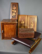 A group of treen, to include a domed box carved with decoration, three marquetry floral panels, a