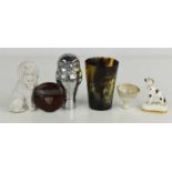 A Victorian horn beaker, Staffordshire dog, snuff box, medical cup, and owl.