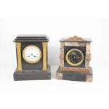A 19th century mantle clock, twin movement, the white dial unsigned with Roman Numerals, and