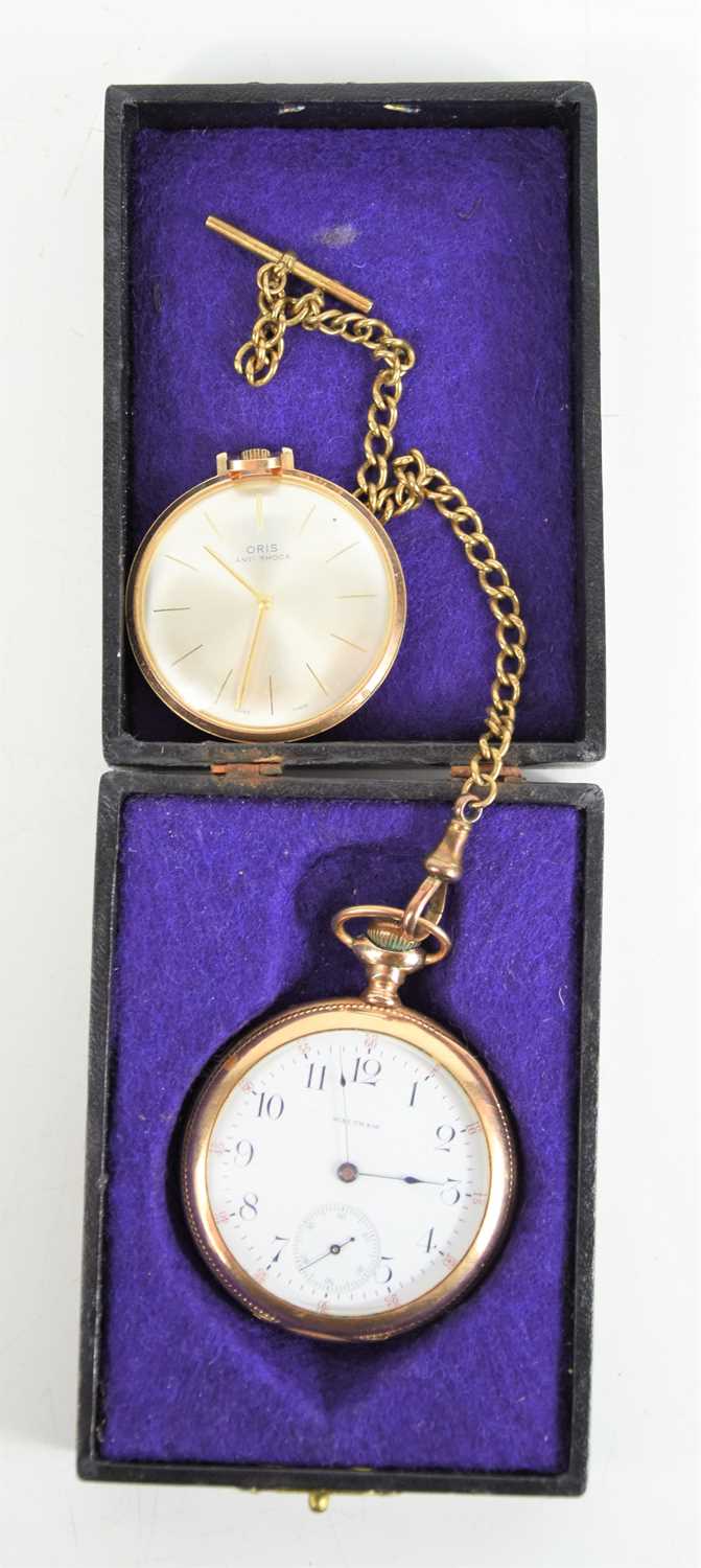 A Waltham gold plated open faced pocket watch with Albert chain together with an Oris anti-shock