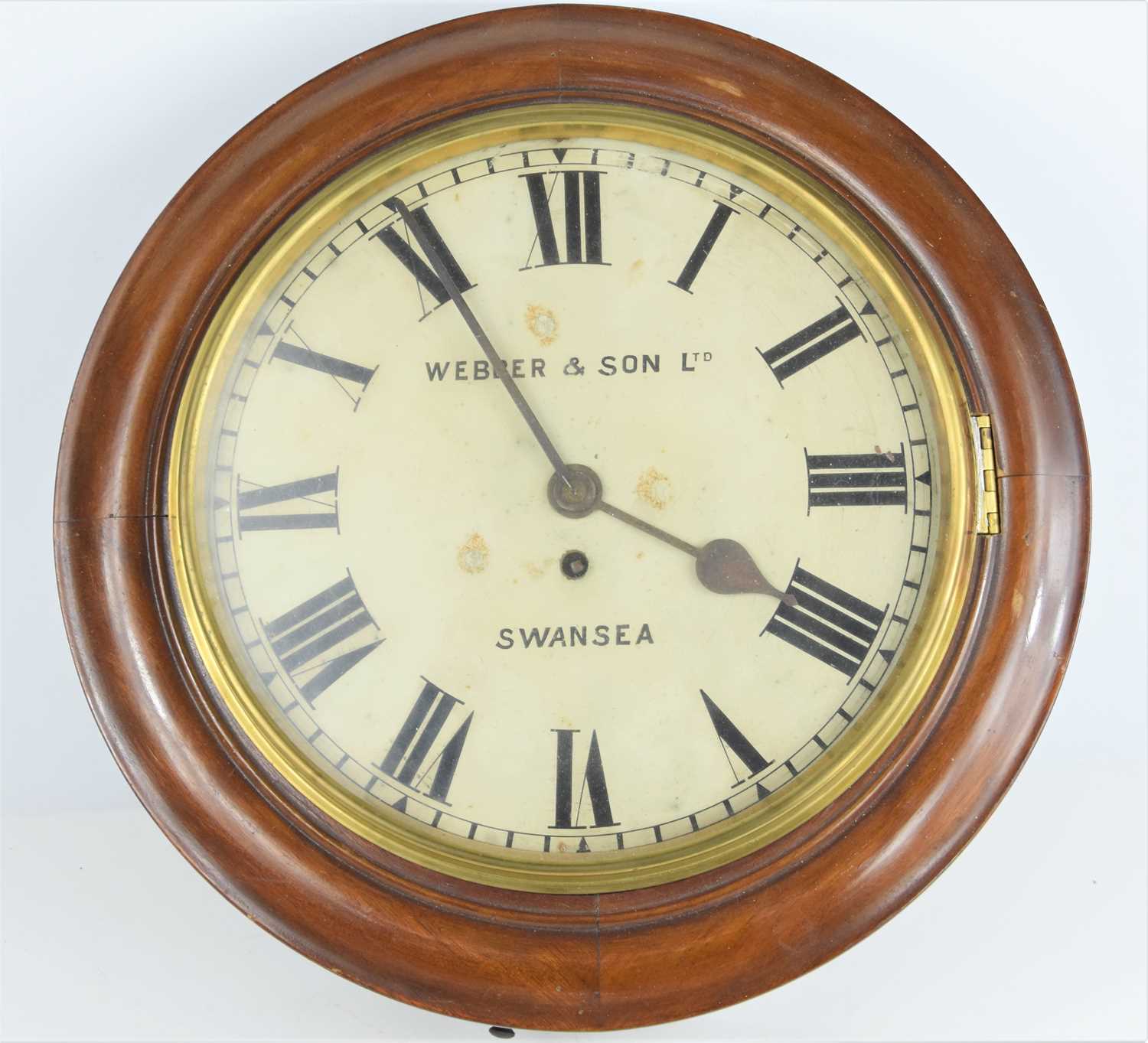 A 19th century mahogany cased fusee wall clock, the dial signed Webber & Son Ltd Swansea, with