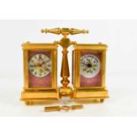 A French gilt brass double miniature carriage clock and barometer, with pink porcelain and gilt