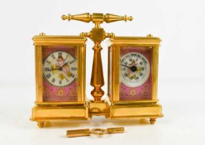 A French gilt brass double miniature carriage clock and barometer, with pink porcelain and gilt