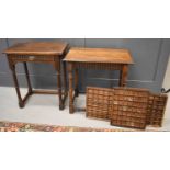 Two oak 18th century style side tables, one with a drawer, together with two ink block trays.