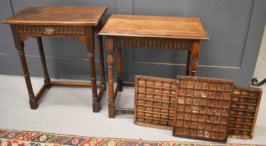 Two oak 18th century style side tables, one with a drawer, together with two ink block trays.
