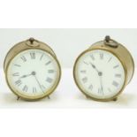 Two 19th/early 20th century brass cased campaign/travel drum clocks the circular enamel dial set