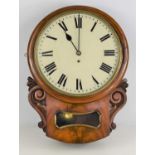 A Victorian mahogany drop dial wall clock, painted dial with brass fusee single train movement,