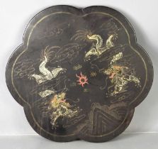 A 19th century Chinese quatrefoil top occasional table depicting dragons, a/f.