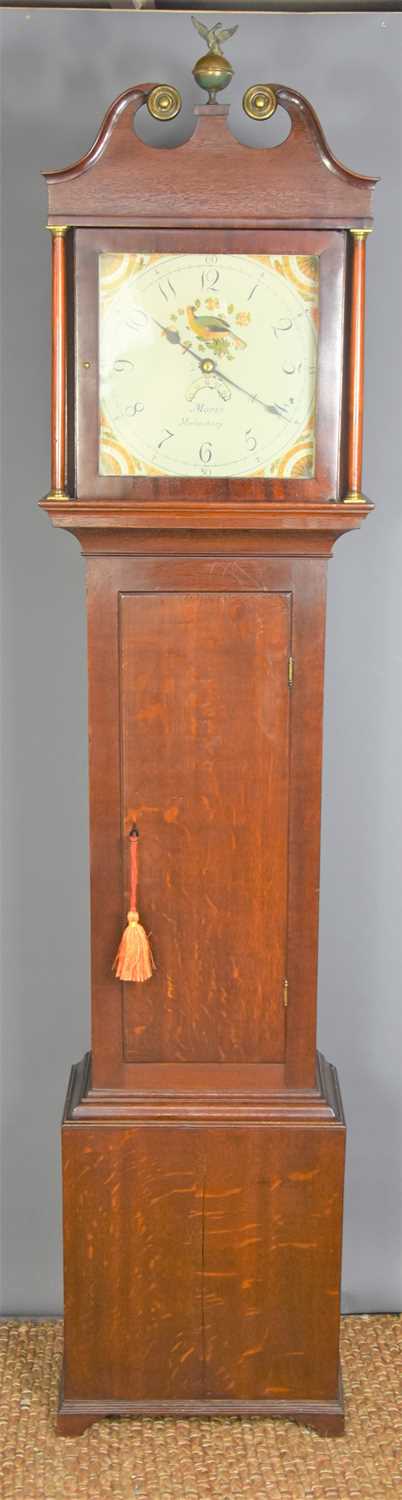 A 19th century oak and mahogany longcase clock, the dial with Roman numerals and calendar