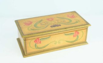 An art Nouveau satin wood glove box, with painted tulip decoration and with green felt interior,