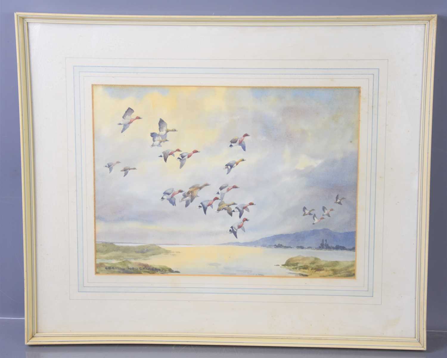 Cecil Thomas Hodgkinson (1895-1979) "Wigeon Alighting" watercolour, signed and framed.