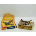 Two Dinky toys diecast models of a Junkers Stuka and a Spitfire mkii, model numbers 741 and 721,