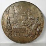 A 19th century style metal work plaque depicting musicians, 58cm.